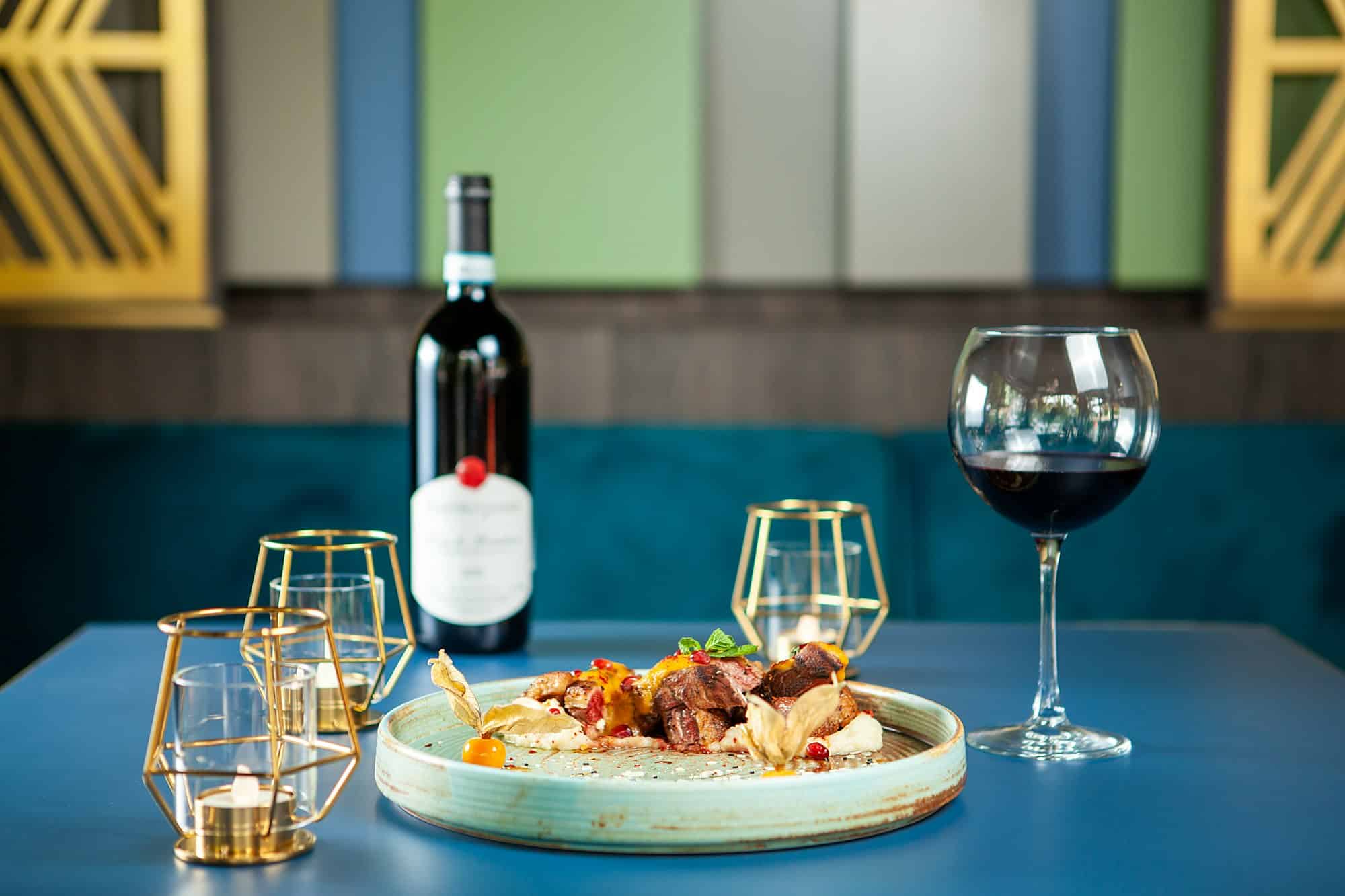 Tasty restaurant gastronomy with red wine on the table