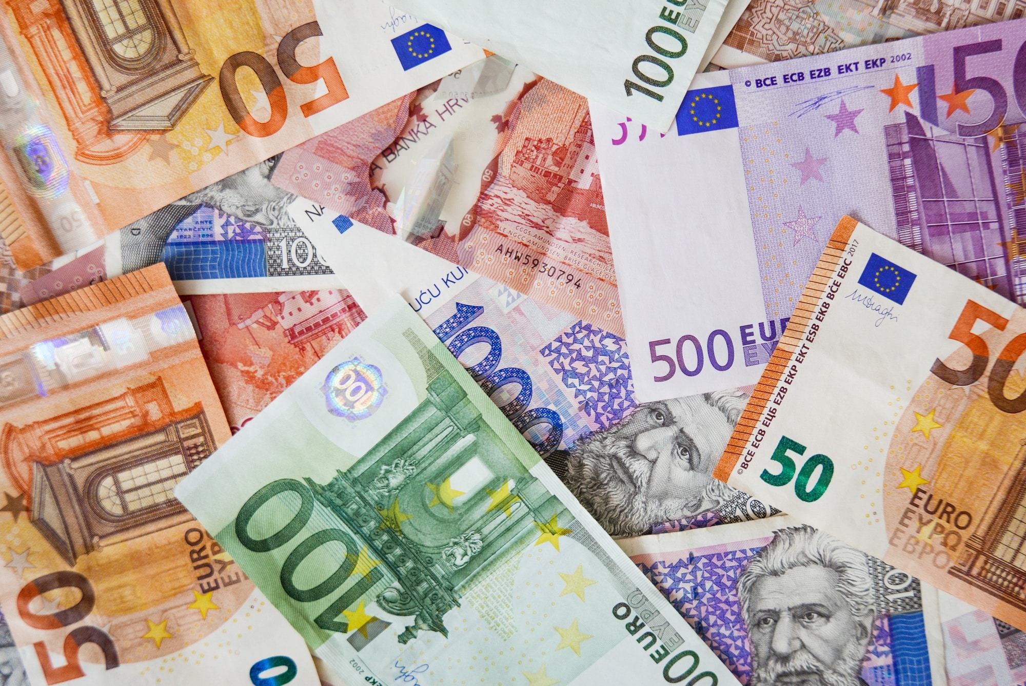 Overhead, top view image of money, cash, euros. Full frame, texture, background.