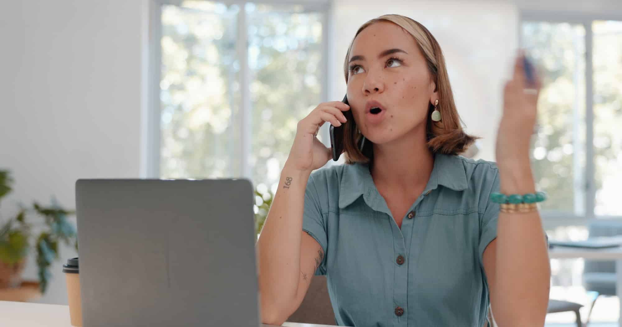 Phone call, angry and woman in business communication, frustrated conversation or client with onlin