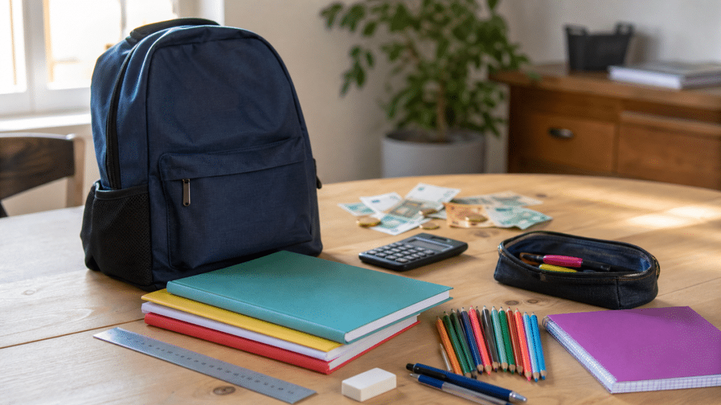 Cartable et fournitures scolaires sur une table avec calculatrice et billets pour évoquer le budget de rentrée