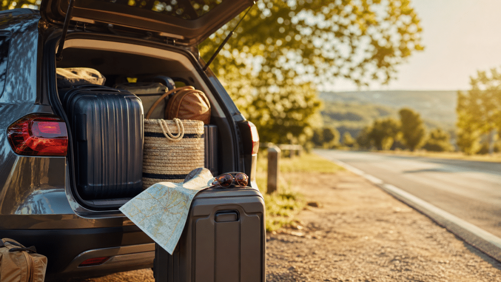 Voiture chargée de valises avant un départ en vacances sur la route