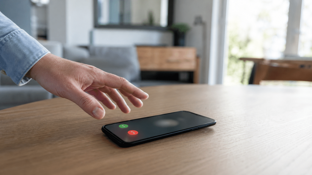 Smartphone avec appel entrant flouté posé sur une table, une main prête à refuser l’appel