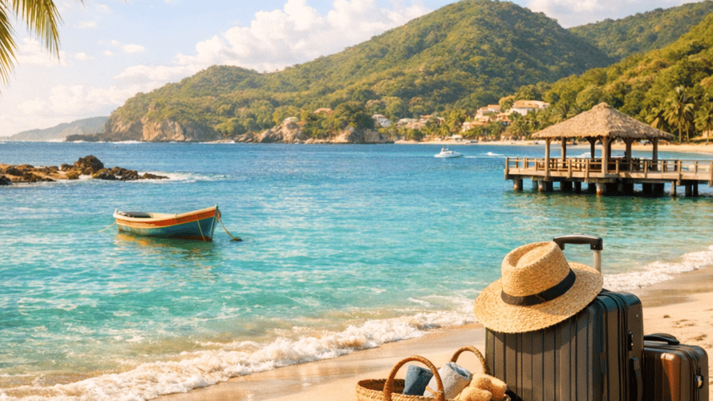Vue lumineuse d’une plage de Guadeloupe avec mer turquoise, cocotiers et ambiance de voyage caribéen
