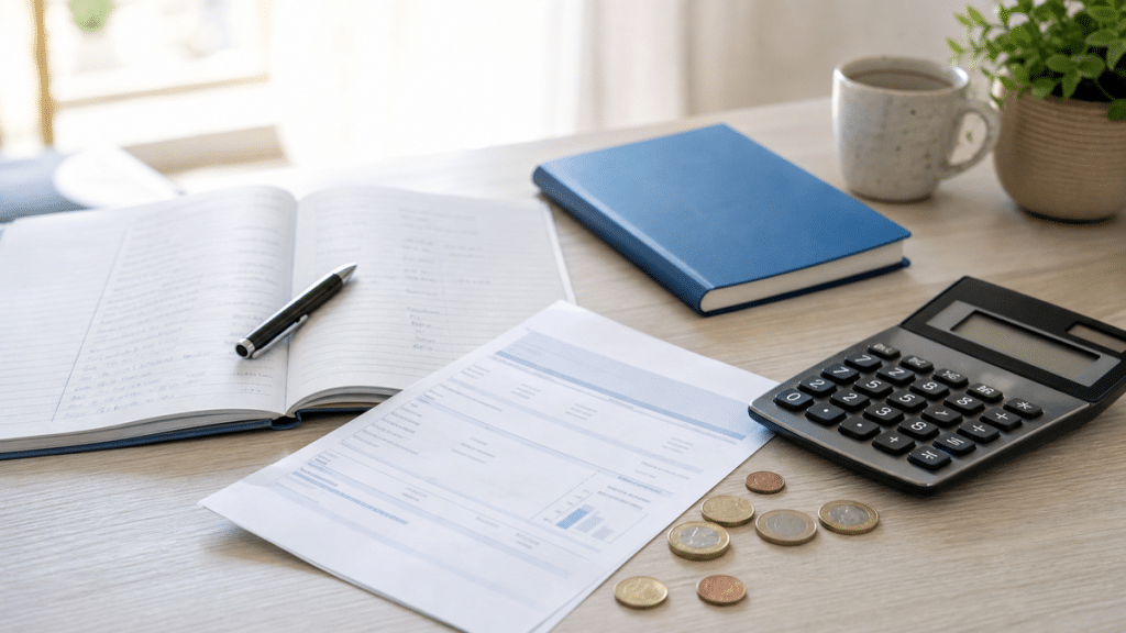 Carnet de budget, facture d’électricité et calculatrice sur une table