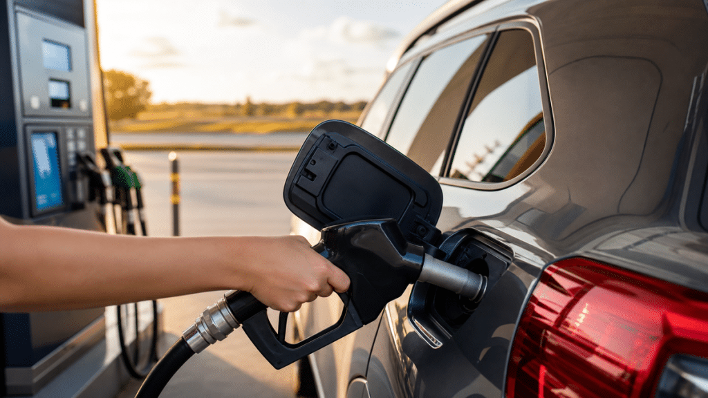 Pompe à carburant et voiture familiale avant un trajet de vacances