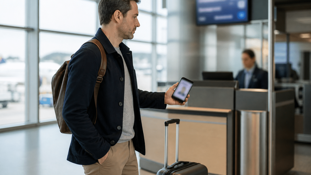 Voyageur dans un aéroport présentant un smartphone avec identité numérique floutée