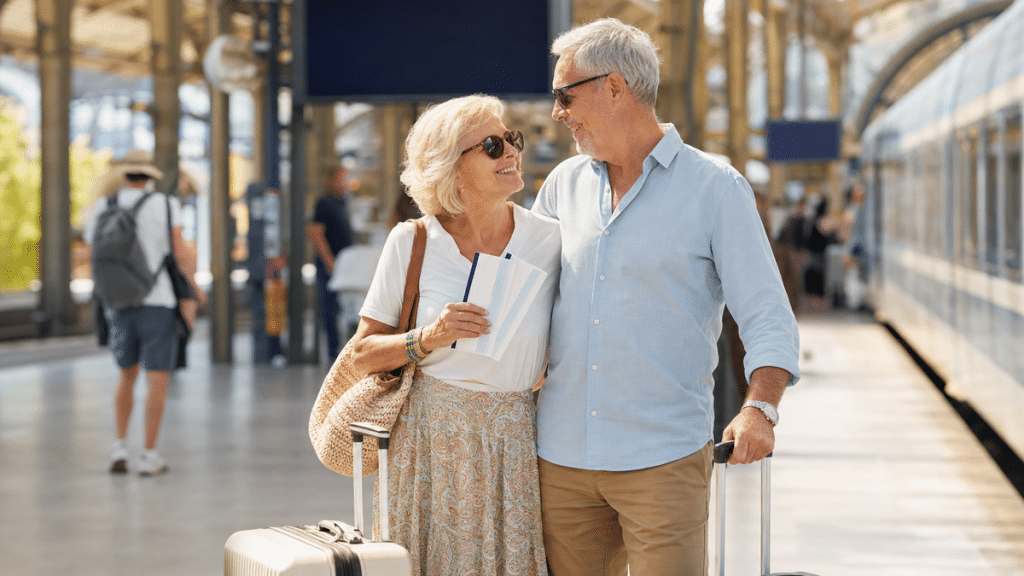 Couple senior dans une gare française avec valises et billets de train génériques