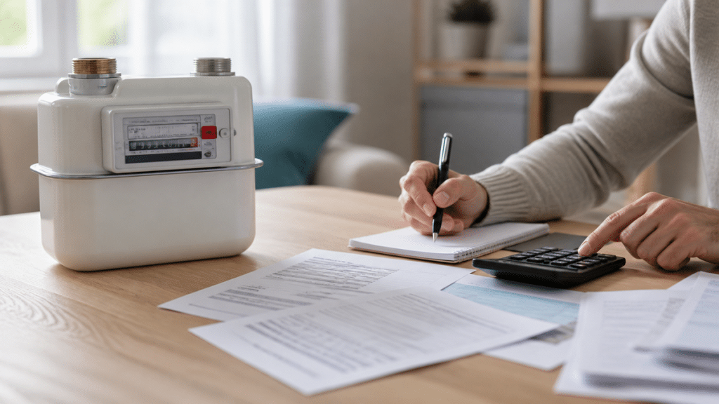 Compteur de gaz et facture sur une table pour surveiller son budget énergie