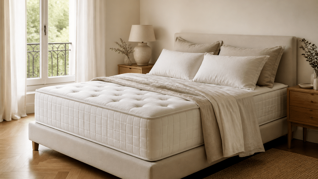 Chambre lumineuse avec lit confortable et matelas blanc pour un guide d’achat literie