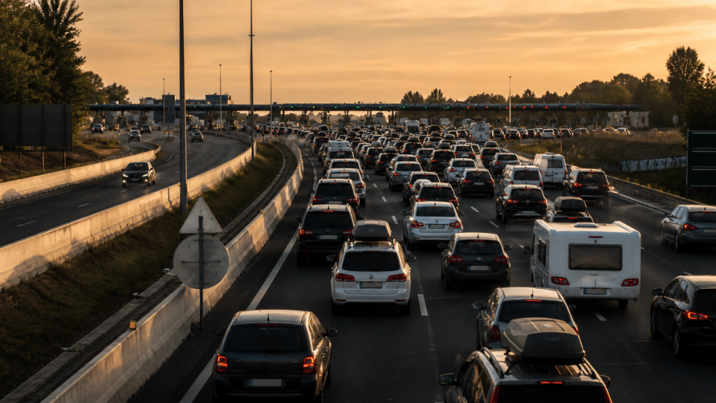 Autoroute chargée au péage lors des retours de vacances de fin août