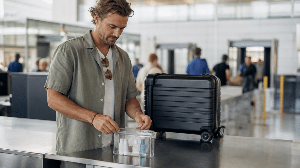 Voyageur préparant des flacons de liquide dans une trousse transparente avant un contrôle de sécurité à l’aéroport