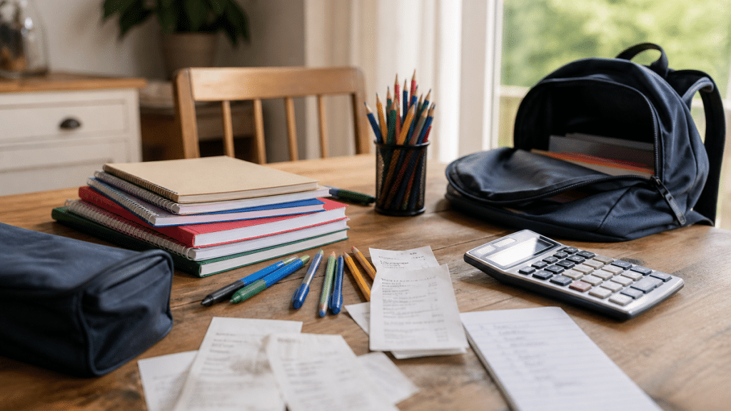 Fournitures scolaires de rentrée avec cartable cahiers stylos et reçus sur une table familiale