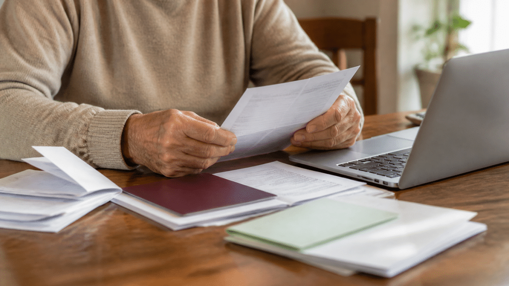 Père senior consultant des documents de retraite et un livret de famille
