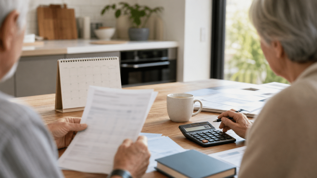 Couple de retraités préparant son budget avec calendrier et relevé de pension