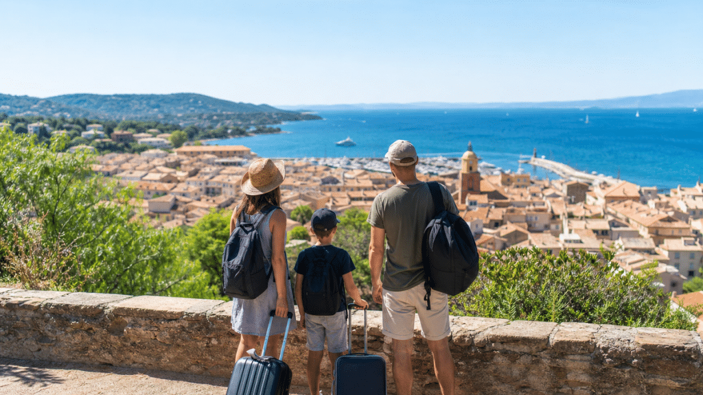 Vacanciers regardant un village côtier français en été avec valises légères