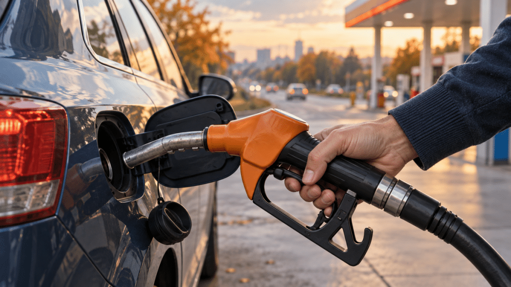 Automobiliste faisant le plein pour un trajet domicile-travail