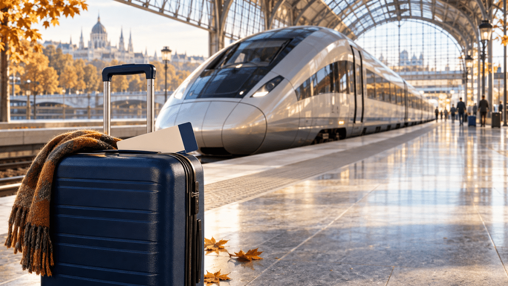 Valise devant un train à grande vitesse dans une gare européenne en automne