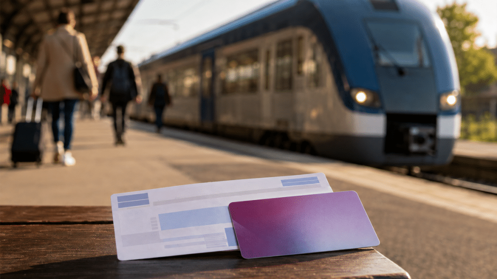 Train régional en gare avec billet et carte de réduction générique au premier plan