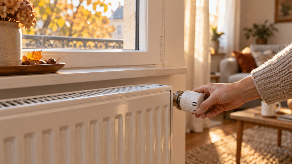 Main réglant le robinet thermostatique d’un radiateur dans un salon en automne