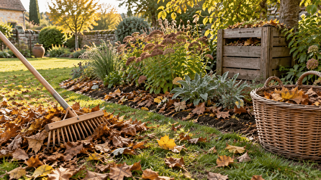 Feuilles mortes rassemblées au râteau près d’un massif paillé et d’un composteur en bois