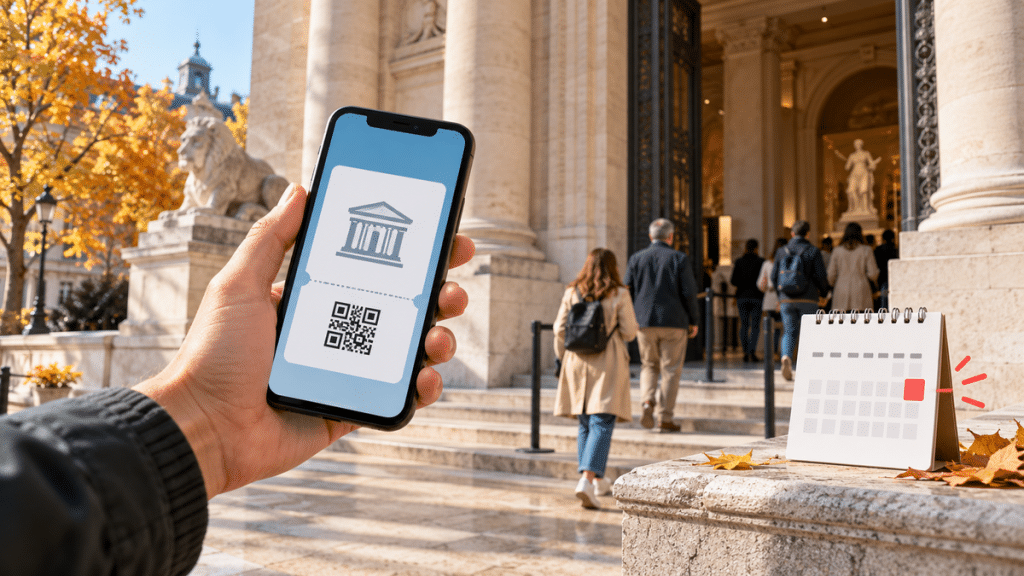 Billet numérique présenté devant l’entrée d’un musée par une journée d’automne