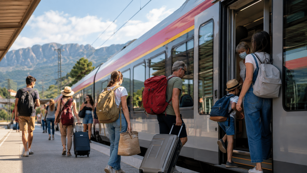 Voyageurs sur un quai de gare prêts à prendre un train régional pour le week-end