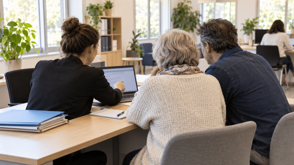 Conseillère aidant deux usagers à effectuer des démarches administratives sur ordinateur