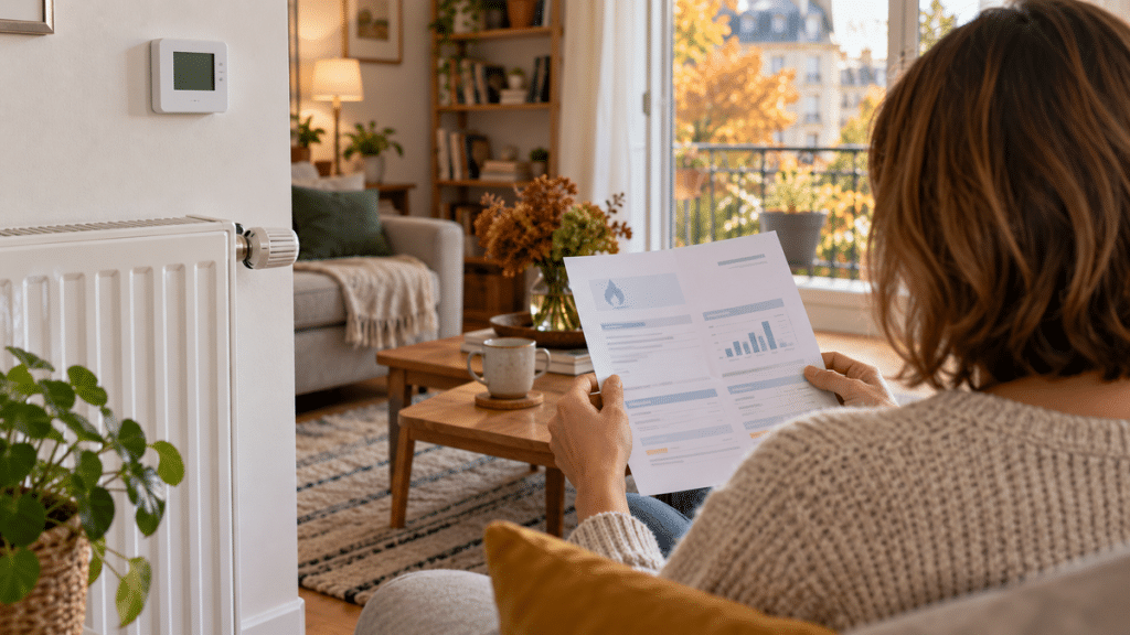Personne consultant une facture énergétique près d’un radiateur et d’un thermostat en automne