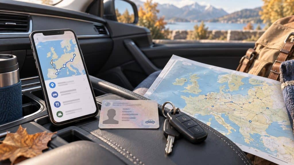 Smartphone, permis de conduire générique, clés de voiture et carte routière de l’Europe dans un véhicule