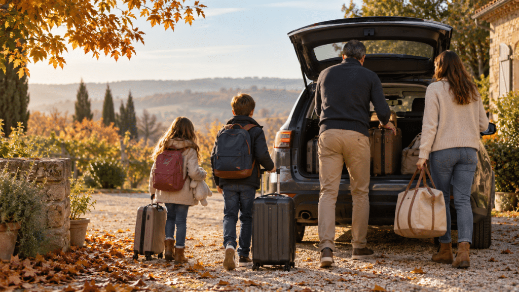 Famille vue de dos chargeant des valises dans une voiture pour un départ automnal